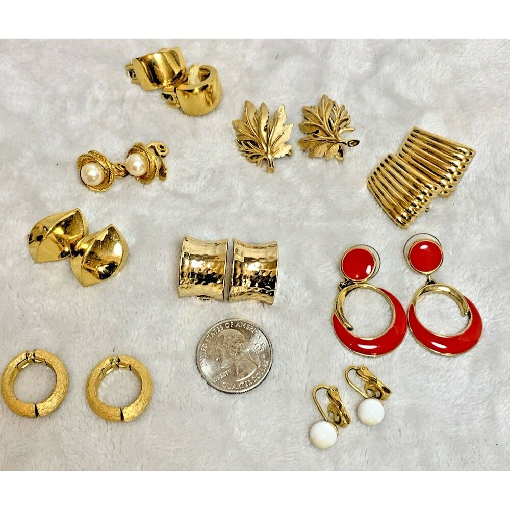 Vintage Signed Designer Earring Lot 9pc Trifari Monet Carre Gold Tone